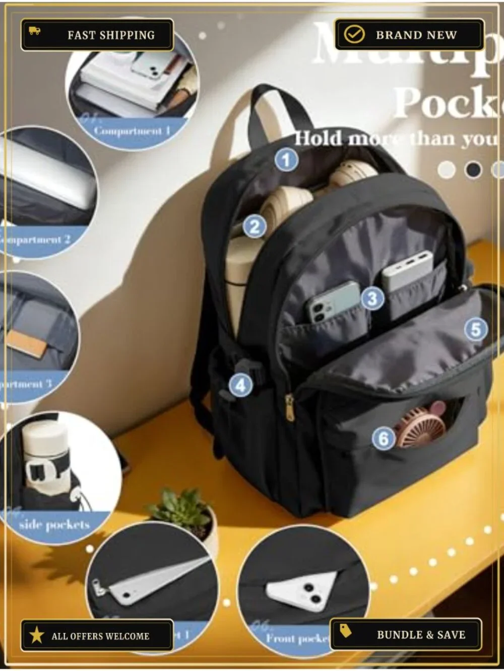 Water-Resistant Nylon Multipocket Daypack Backpack with Anti-Theft Luggage
